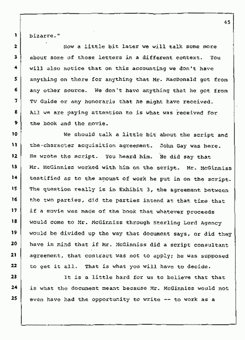 Los Angeles, California Civil Trial<br>Jeffrey MacDonald vs. Joe McGinniss<br><br>August 12, 1987:<br>Closing Arguments for Plaintiff Jeffrey MacDonald, p. 45