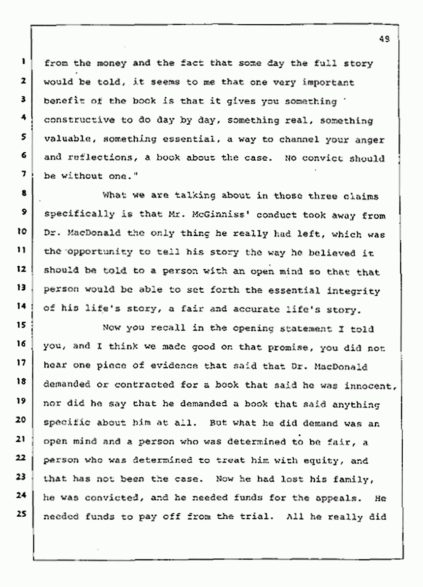 Los Angeles, California Civil Trial<br>Jeffrey MacDonald vs. Joe McGinniss<br><br>August 12, 1987:<br>Closing Arguments for Plaintiff Jeffrey MacDonald, p. 49