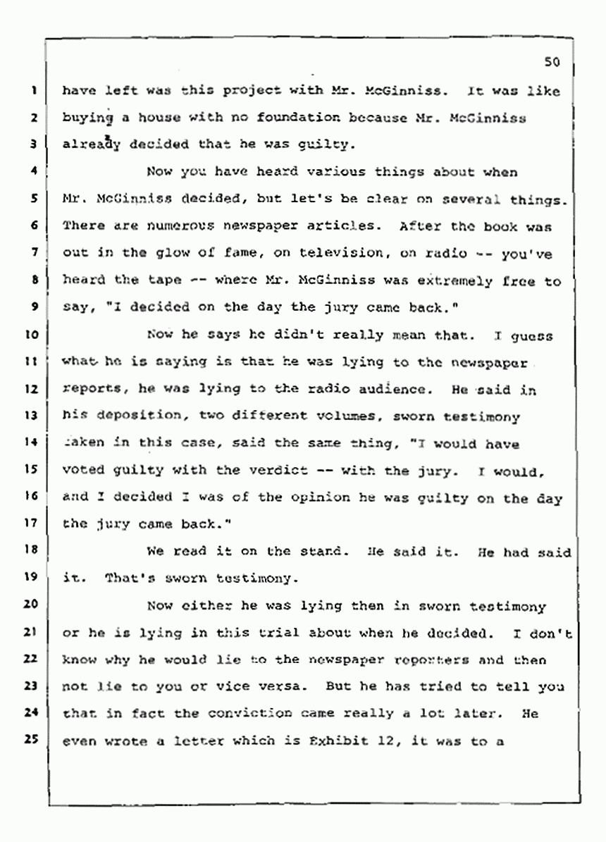 Los Angeles, California Civil Trial<br>Jeffrey MacDonald vs. Joe McGinniss<br><br>August 12, 1987:<br>Closing Arguments for Plaintiff Jeffrey MacDonald, p. 50