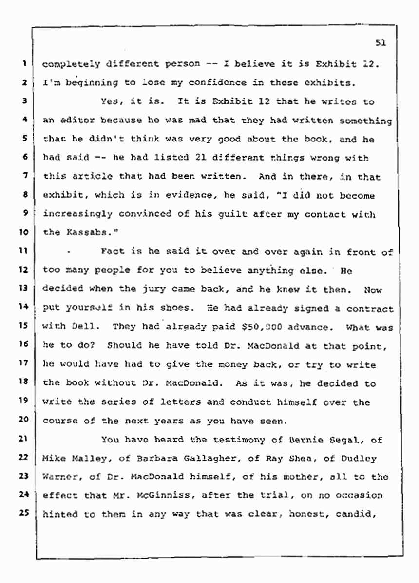Los Angeles, California Civil Trial<br>Jeffrey MacDonald vs. Joe McGinniss<br><br>August 12, 1987:<br>Closing Arguments for Plaintiff Jeffrey MacDonald, p. 51