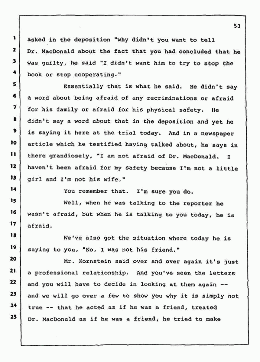 Los Angeles, California Civil Trial<br>Jeffrey MacDonald vs. Joe McGinniss<br><br>August 12, 1987:<br>Closing Arguments for Plaintiff Jeffrey MacDonald, p. 53