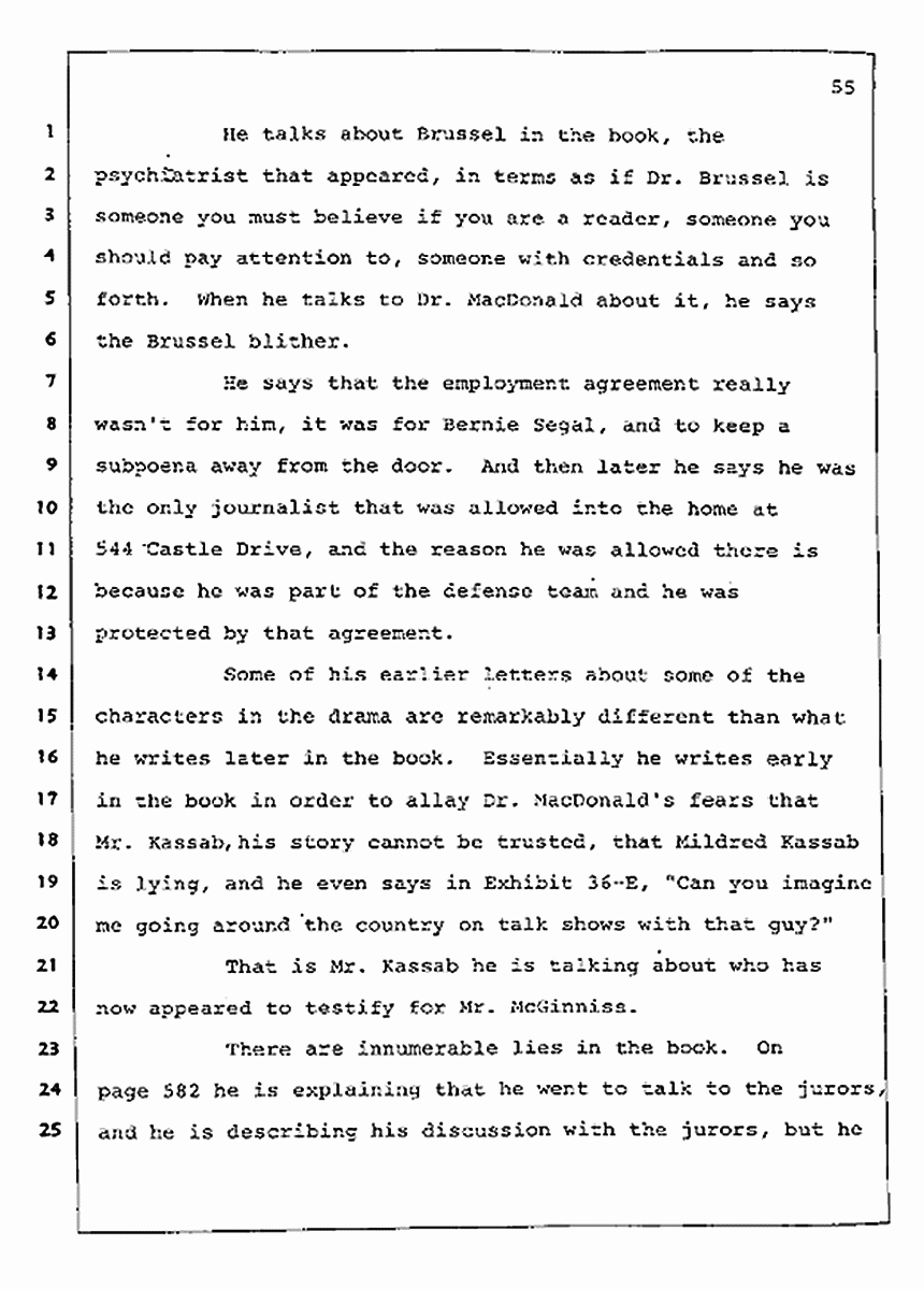 Los Angeles, California Civil Trial<br>Jeffrey MacDonald vs. Joe McGinniss<br><br>August 12, 1987:<br>Closing Arguments for Plaintiff Jeffrey MacDonald, p. 55