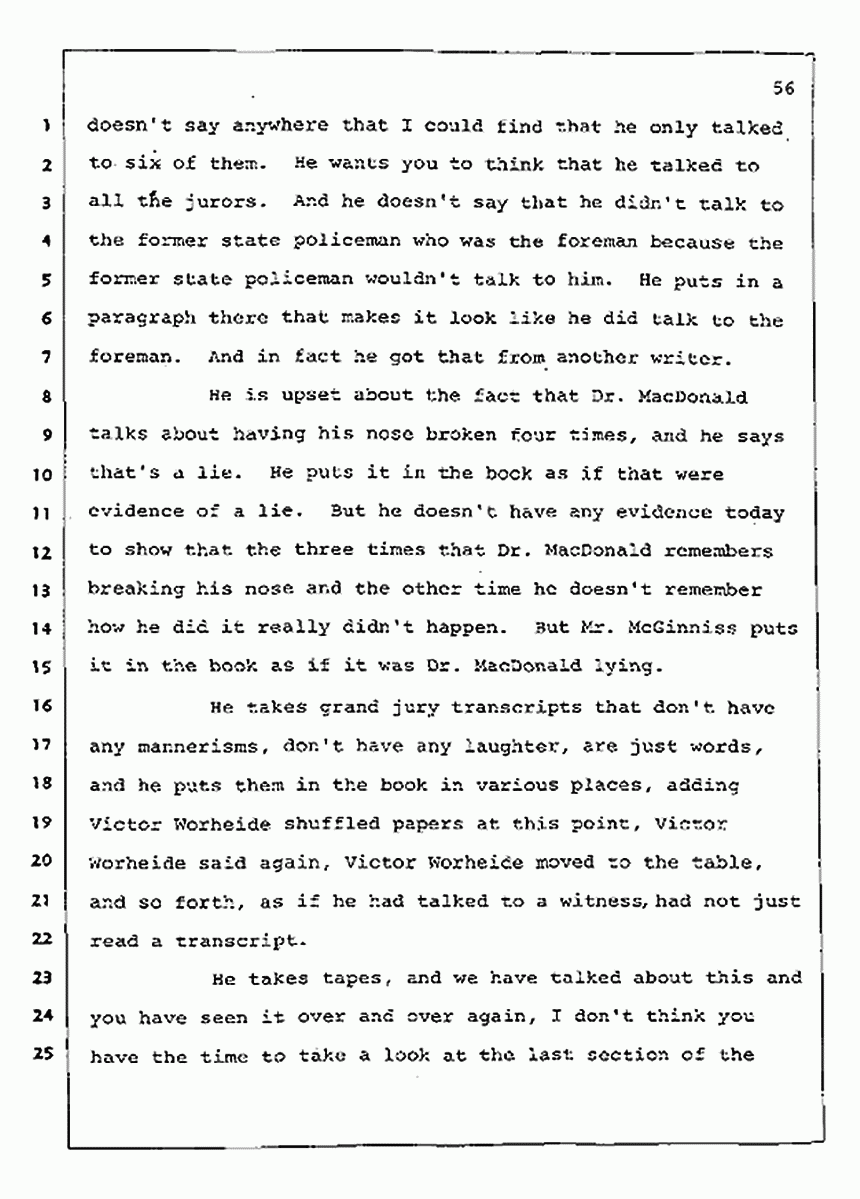 Los Angeles, California Civil Trial<br>Jeffrey MacDonald vs. Joe McGinniss<br><br>August 12, 1987:<br>Closing Arguments for Plaintiff Jeffrey MacDonald, p. 56