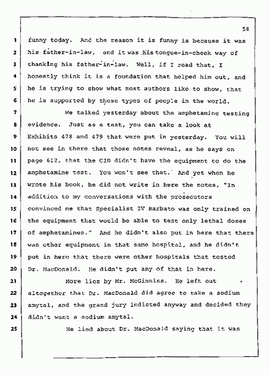 Los Angeles, California Civil Trial<br>Jeffrey MacDonald vs. Joe McGinniss<br><br>August 12, 1987:<br>Closing Arguments for Plaintiff Jeffrey MacDonald, p. 58