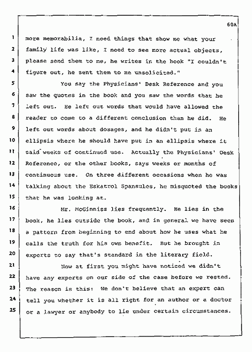 Los Angeles, California Civil Trial<br>Jeffrey MacDonald vs. Joe McGinniss<br><br>August 12, 1987:<br>Closing Arguments for Plaintiff Jeffrey MacDonald, p. 60A