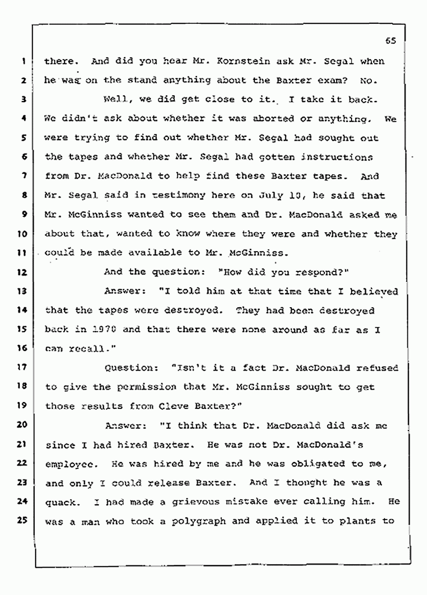 Los Angeles, California Civil Trial<br>Jeffrey MacDonald vs. Joe McGinniss<br><br>August 12, 1987:<br>Closing Arguments for Plaintiff Jeffrey MacDonald, p. 65