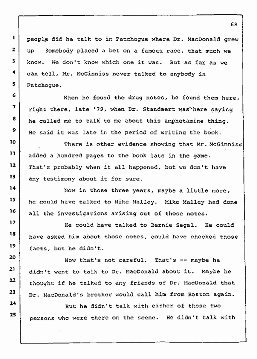 Los Angeles, California Civil Trial<br>Jeffrey MacDonald vs. Joe McGinniss<br><br>August 12, 1987:<br>Closing Arguments for Plaintiff Jeffrey MacDonald, p. 68