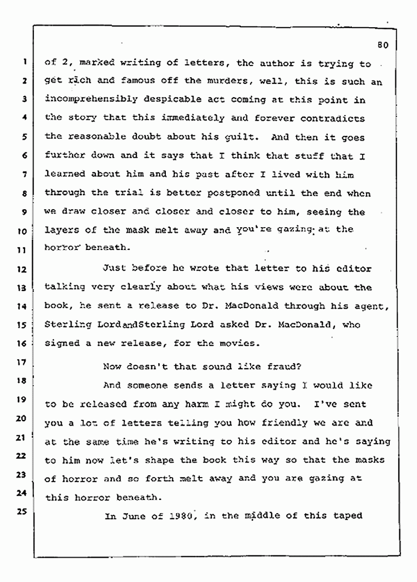 Los Angeles, California Civil Trial<br>Jeffrey MacDonald vs. Joe McGinniss<br><br>August 12, 1987:<br>Closing Arguments for Plaintiff Jeffrey MacDonald, p. 80