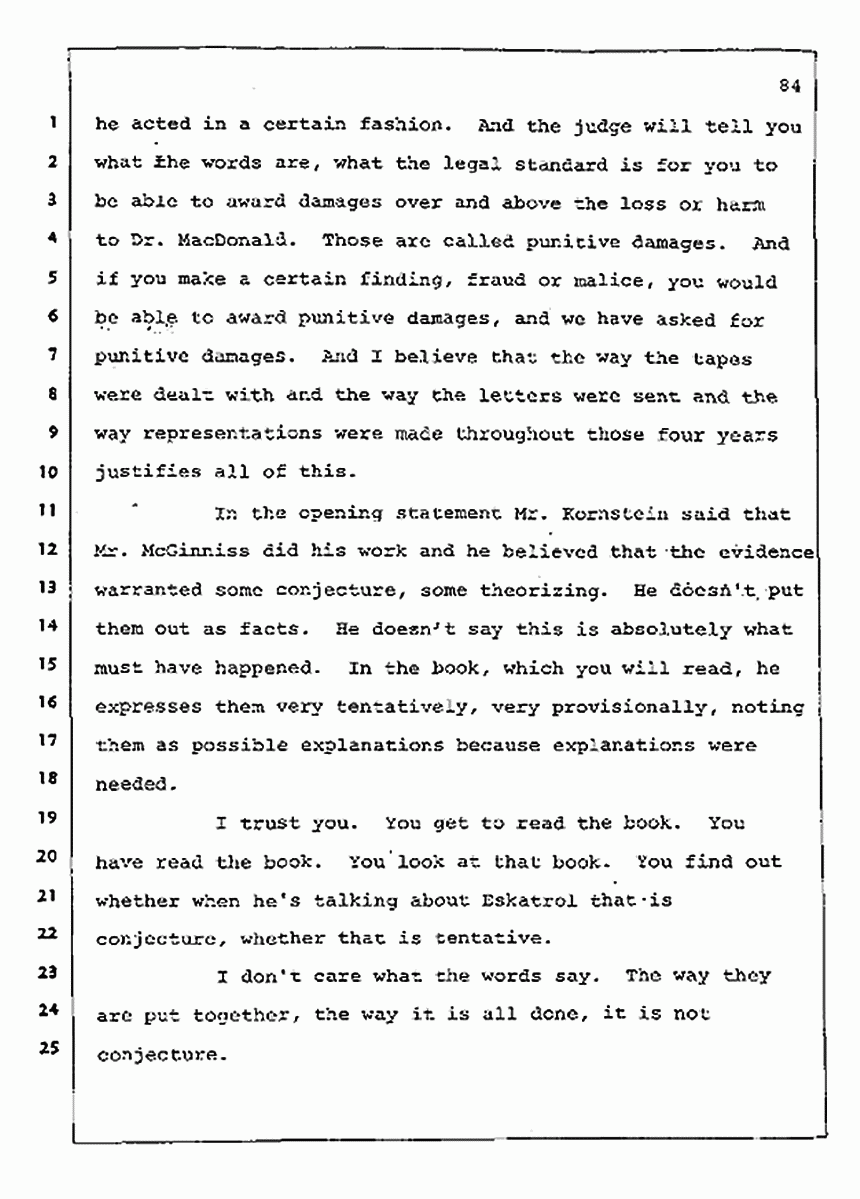 Los Angeles, California Civil Trial<br>Jeffrey MacDonald vs. Joe McGinniss<br><br>August 12, 1987:<br>Closing Arguments for Plaintiff Jeffrey MacDonald, p. 84