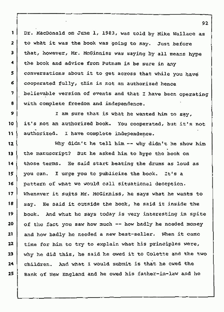 Los Angeles, California Civil Trial<br>Jeffrey MacDonald vs. Joe McGinniss<br><br>August 12, 1987:<br>Closing Arguments for Plaintiff Jeffrey MacDonald, p. 92