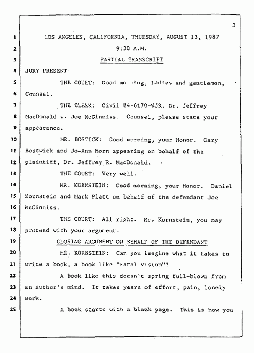 Los Angeles, California Civil Trial<br>Jeffrey MacDonald vs. Joe McGinniss<br><br>August 13, 1987:<br>Closing Arguments for Defendant Joe McGinniss, p. 3