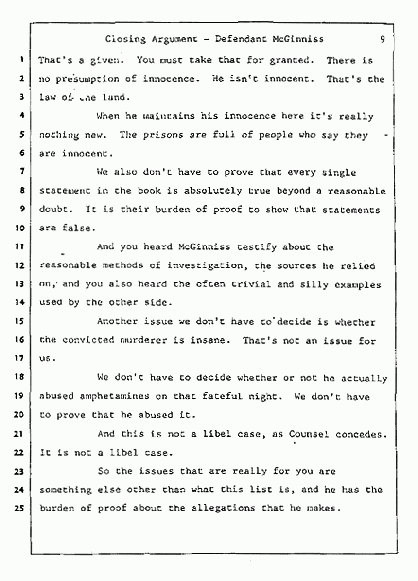 Los Angeles, California Civil Trial<br>Jeffrey MacDonald vs. Joe McGinniss<br><br>August 13, 1987:<br>Closing Arguments for Defendant Joe McGinniss, p. 9