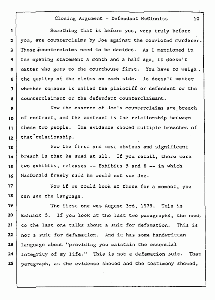 Los Angeles, California Civil Trial<br>Jeffrey MacDonald vs. Joe McGinniss<br><br>August 13, 1987:<br>Closing Arguments for Defendant Joe McGinniss, p. 10