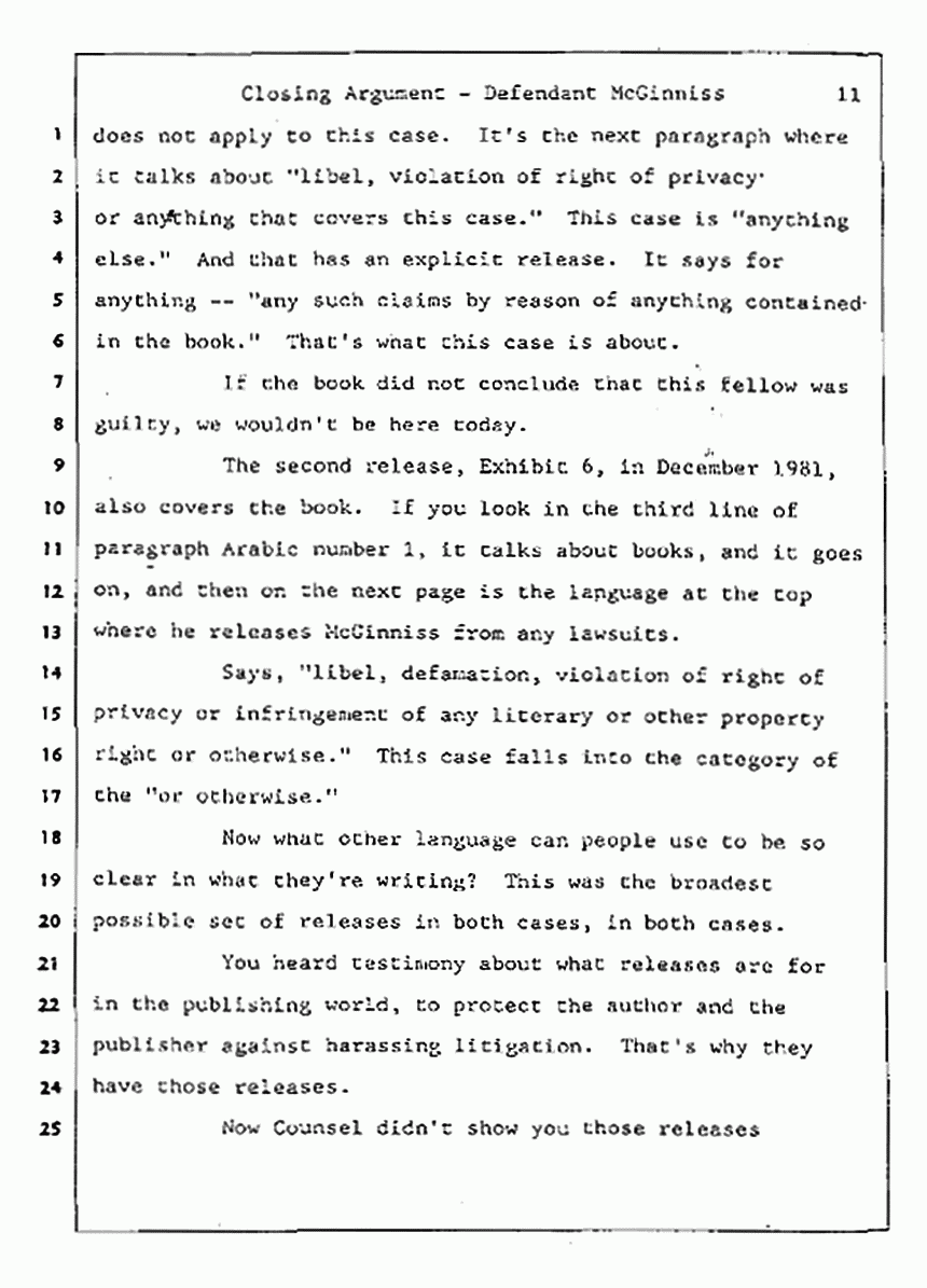 Los Angeles, California Civil Trial<br>Jeffrey MacDonald vs. Joe McGinniss<br><br>August 13, 1987:<br>Closing Arguments for Defendant Joe McGinniss, p. 11
