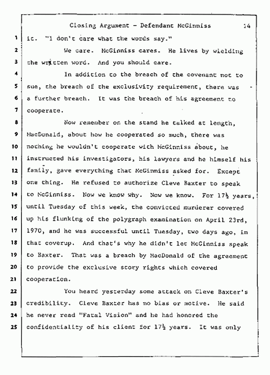 Los Angeles, California Civil Trial<br>Jeffrey MacDonald vs. Joe McGinniss<br><br>August 13, 1987:<br>Closing Arguments for Defendant Joe McGinniss, p. 14