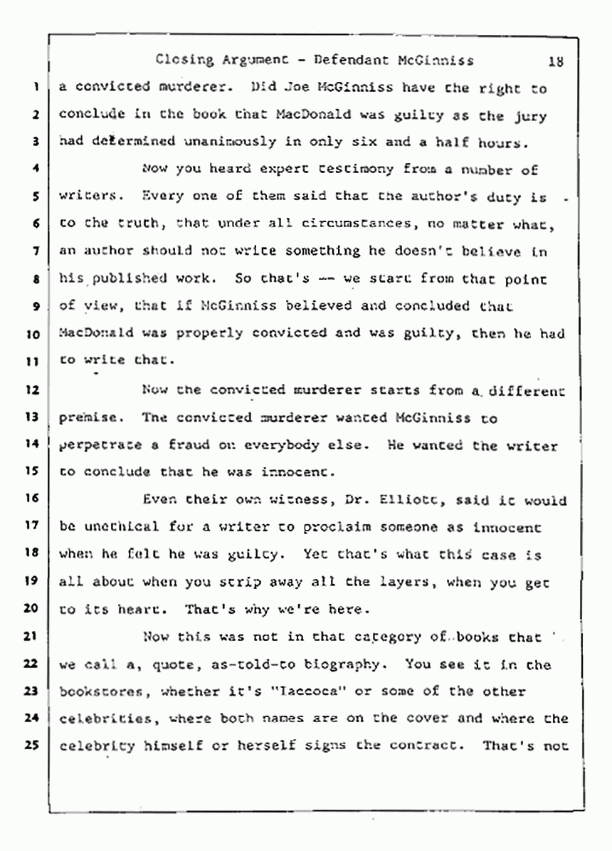 Los Angeles, California Civil Trial<br>Jeffrey MacDonald vs. Joe McGinniss<br><br>August 13, 1987:<br>Closing Arguments for Defendant Joe McGinniss, p. 18