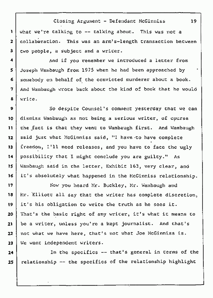 Los Angeles, California Civil Trial<br>Jeffrey MacDonald vs. Joe McGinniss<br><br>August 13, 1987:<br>Closing Arguments for Defendant Joe McGinniss, p. 19