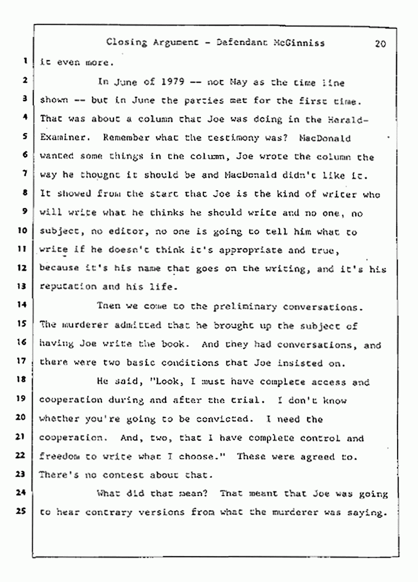 Los Angeles, California Civil Trial<br>Jeffrey MacDonald vs. Joe McGinniss<br><br>August 13, 1987:<br>Closing Arguments for Defendant Joe McGinniss, p. 20