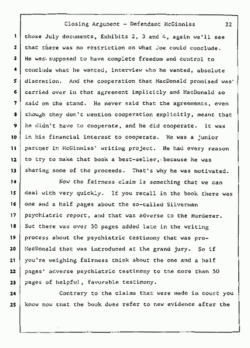Los Angeles, California Civil Trial<br>Jeffrey MacDonald vs. Joe McGinniss<br><br>August 13, 1987:<br>Closing Arguments for Defendant Joe McGinniss, p. 22