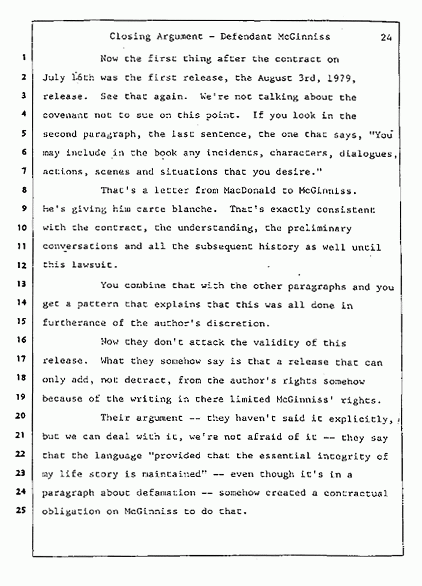 Los Angeles, California Civil Trial<br>Jeffrey MacDonald vs. Joe McGinniss<br><br>August 13, 1987:<br>Closing Arguments for Defendant Joe McGinniss, p. 24