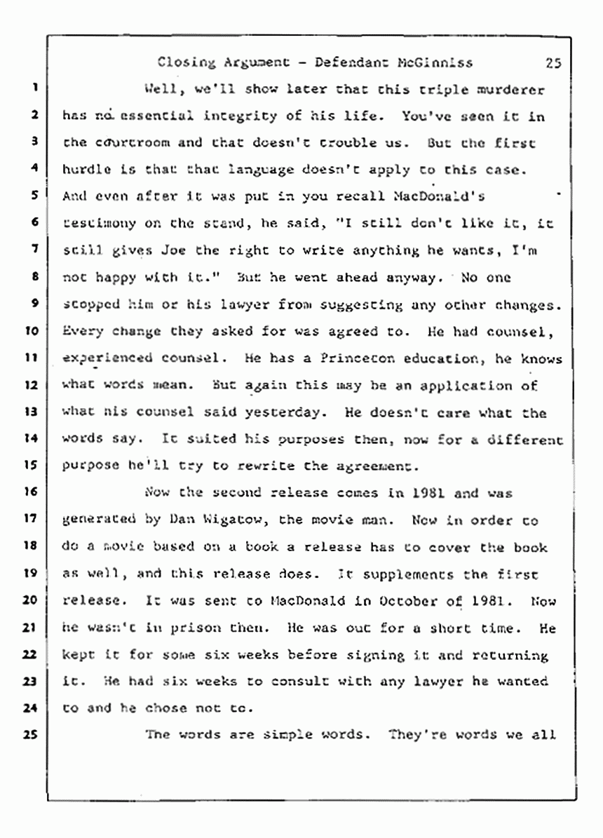 Los Angeles, California Civil Trial<br>Jeffrey MacDonald vs. Joe McGinniss<br><br>August 13, 1987:<br>Closing Arguments for Defendant Joe McGinniss, p. 25