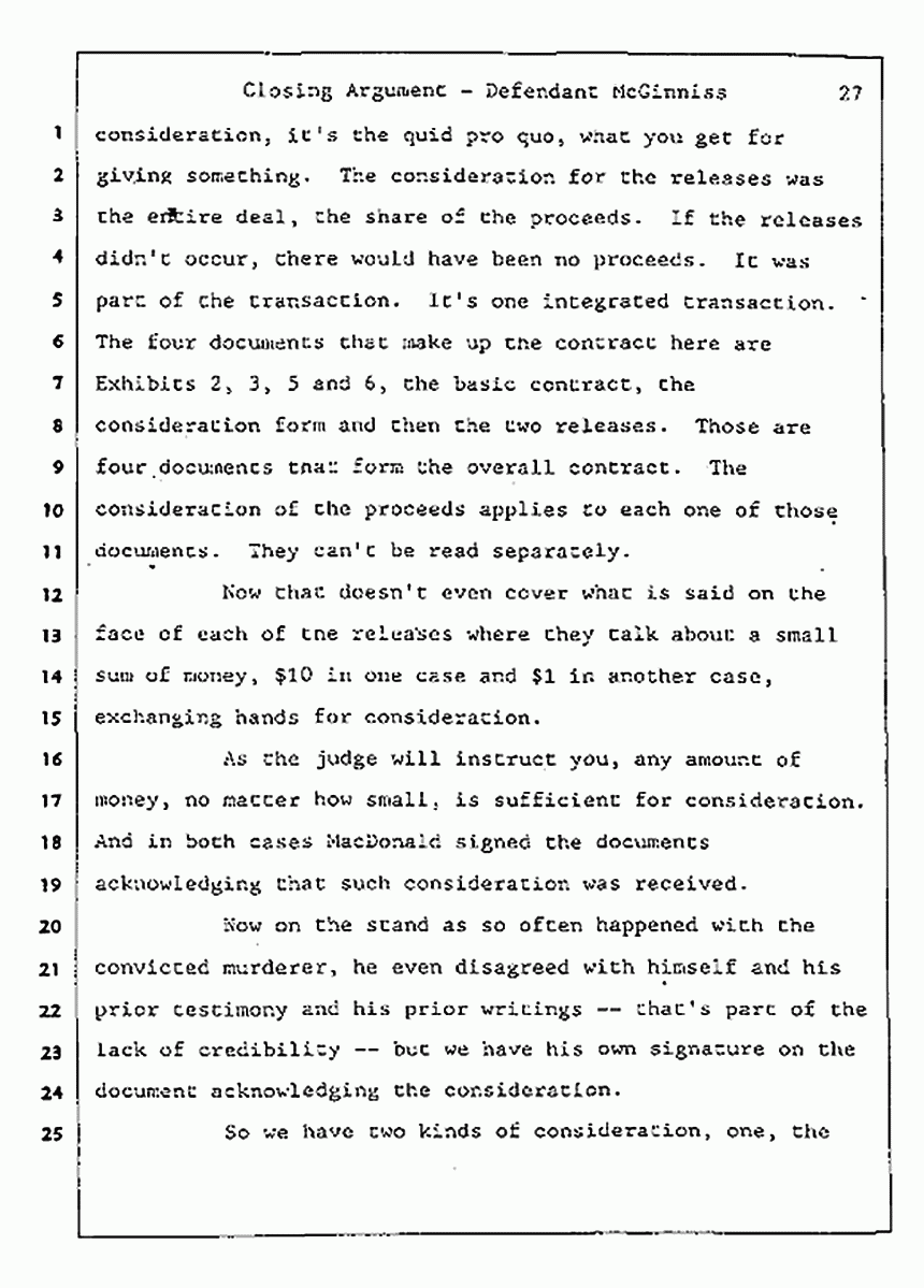 Los Angeles, California Civil Trial<br>Jeffrey MacDonald vs. Joe McGinniss<br><br>August 13, 1987:<br>Closing Arguments for Defendant Joe McGinniss, p. 27