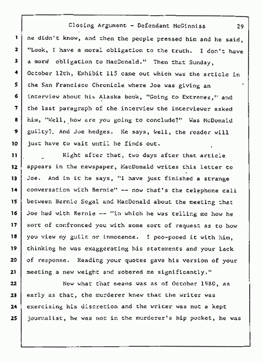Los Angeles, California Civil Trial<br>Jeffrey MacDonald vs. Joe McGinniss<br><br>August 13, 1987:<br>Closing Arguments for Defendant Joe McGinniss, p. 29