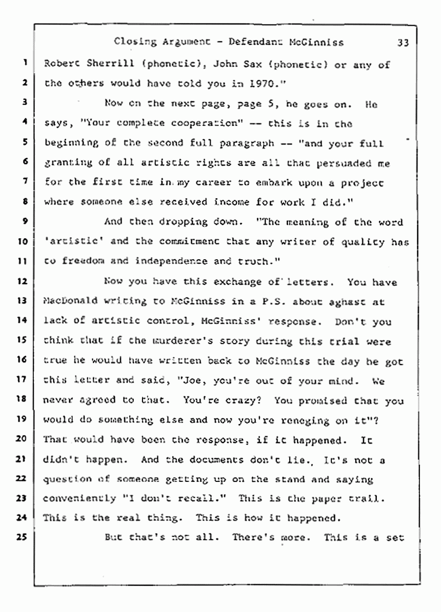 Los Angeles, California Civil Trial<br>Jeffrey MacDonald vs. Joe McGinniss<br><br>August 13, 1987:<br>Closing Arguments for Defendant Joe McGinniss, p. 33