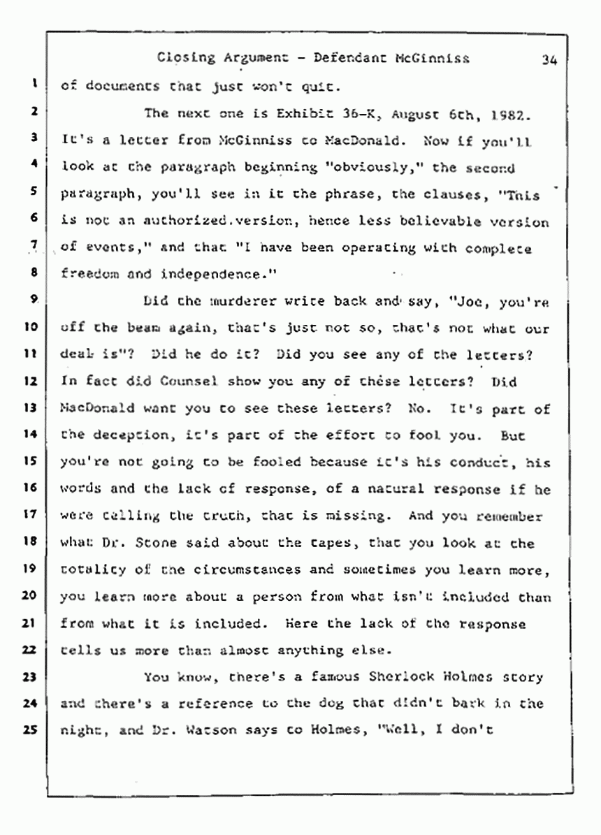 Los Angeles, California Civil Trial<br>Jeffrey MacDonald vs. Joe McGinniss<br><br>August 13, 1987:<br>Closing Arguments for Defendant Joe McGinniss, p. 34