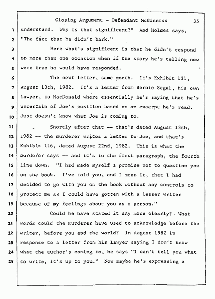 Los Angeles, California Civil Trial<br>Jeffrey MacDonald vs. Joe McGinniss<br><br>August 13, 1987:<br>Closing Arguments for Defendant Joe McGinniss, p. 35