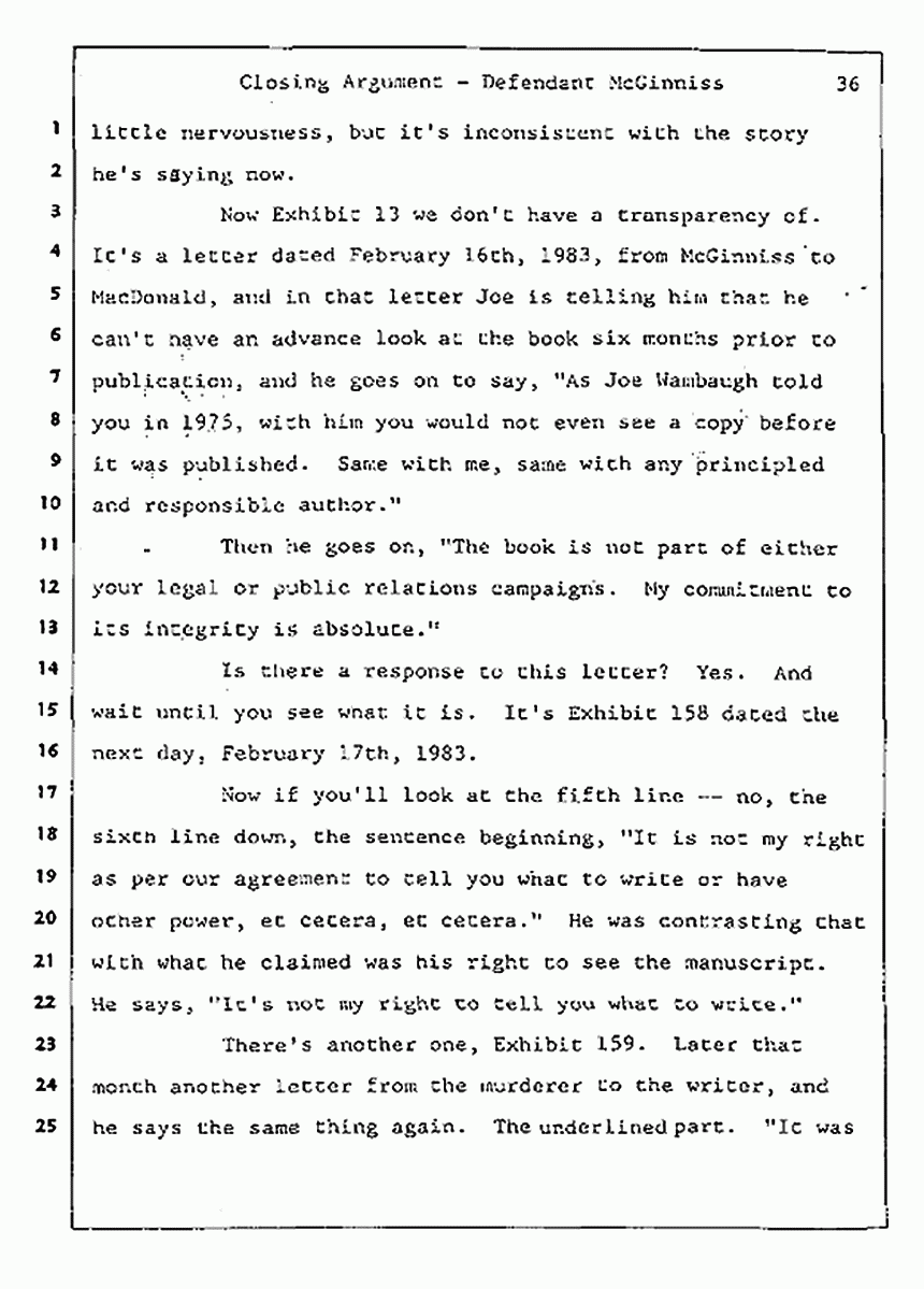 Los Angeles, California Civil Trial<br>Jeffrey MacDonald vs. Joe McGinniss<br><br>August 13, 1987:<br>Closing Arguments for Defendant Joe McGinniss, p. 36