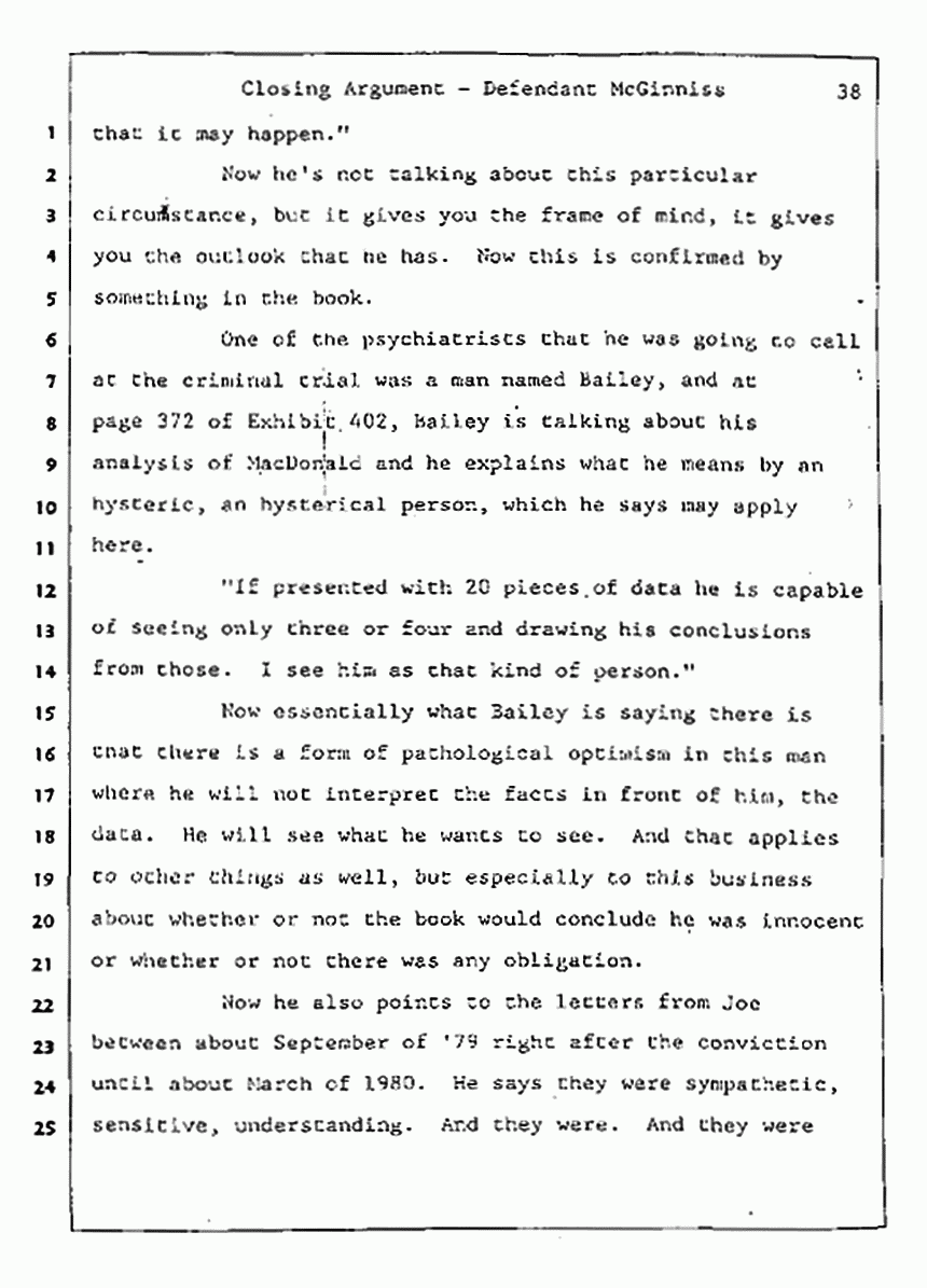 Los Angeles, California Civil Trial<br>Jeffrey MacDonald vs. Joe McGinniss<br><br>August 13, 1987:<br>Closing Arguments for Defendant Joe McGinniss, p. 38