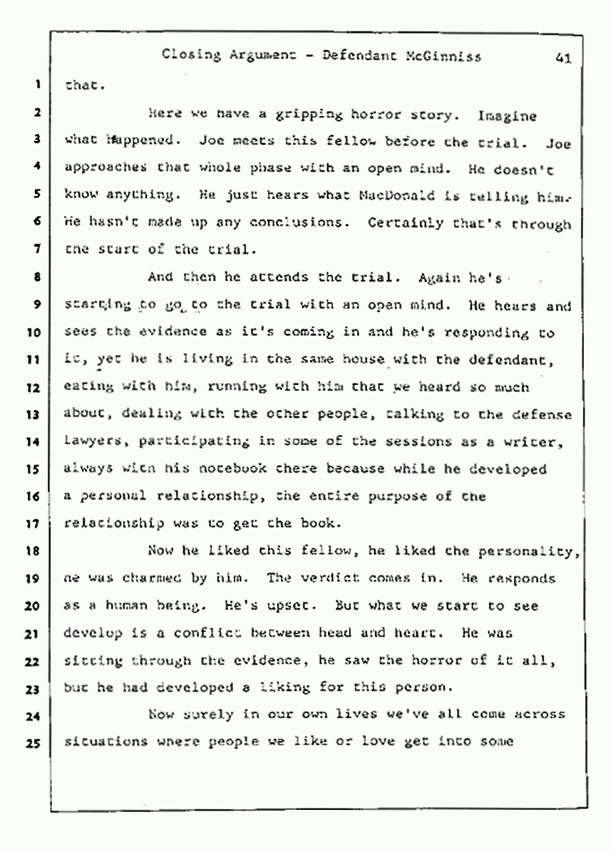 Los Angeles, California Civil Trial<br>Jeffrey MacDonald vs. Joe McGinniss<br><br>August 13, 1987:<br>Closing Arguments for Defendant Joe McGinniss, p. 41