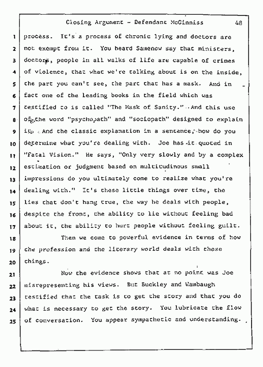 Los Angeles, California Civil Trial<br>Jeffrey MacDonald vs. Joe McGinniss<br><br>August 13, 1987:<br>Closing Arguments for Defendant Joe McGinniss, p. 48