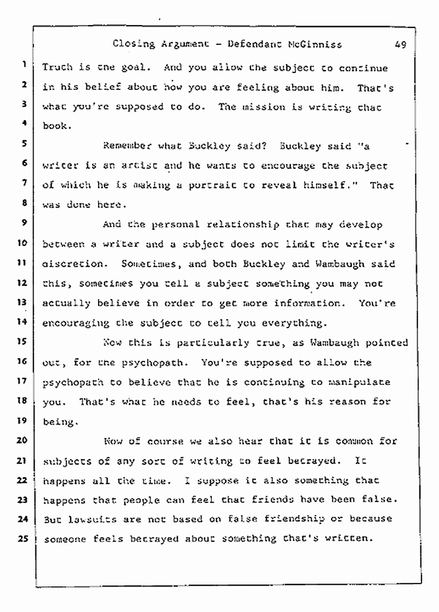 Los Angeles, California Civil Trial<br>Jeffrey MacDonald vs. Joe McGinniss<br><br>August 13, 1987:<br>Closing Arguments for Defendant Joe McGinniss, p. 49