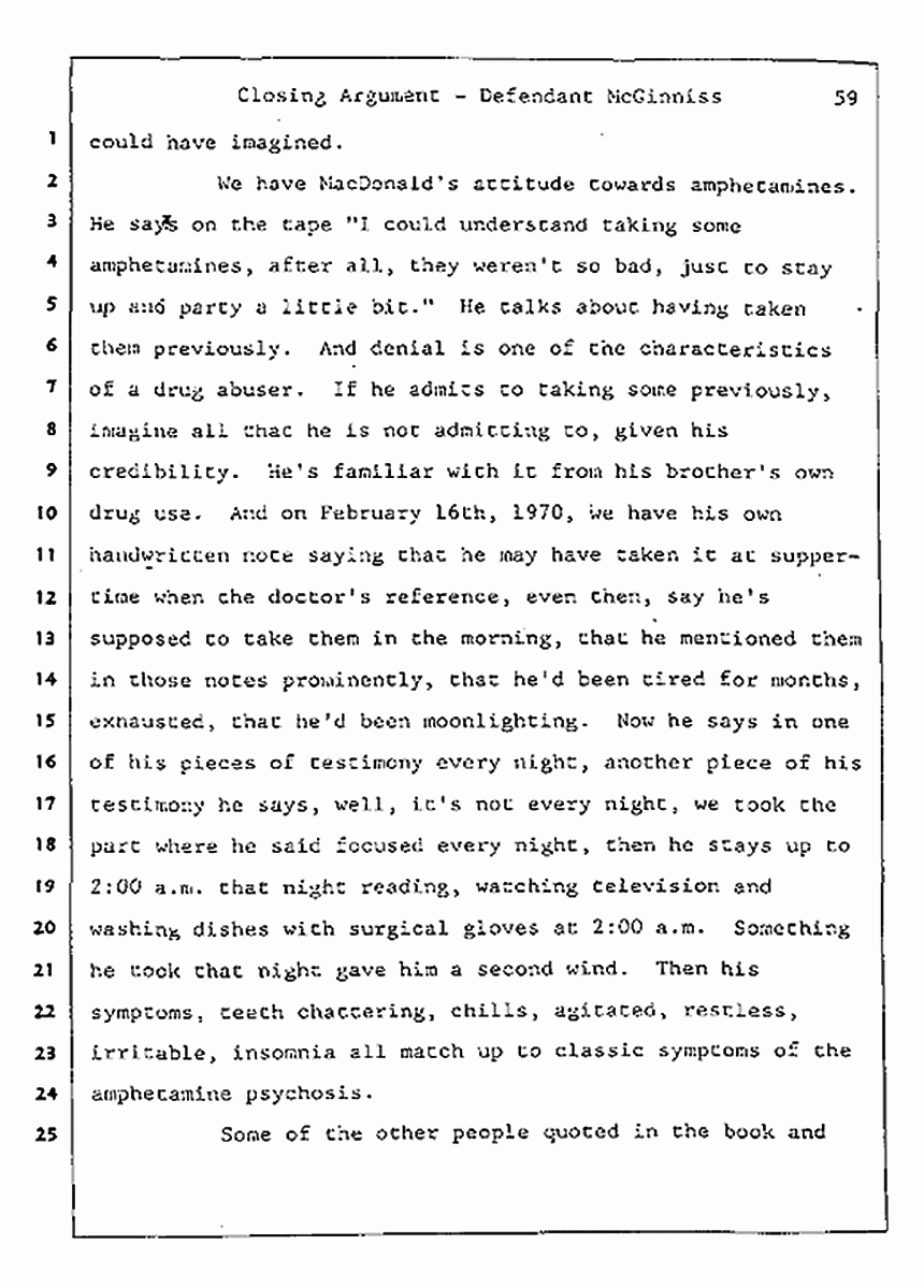 Los Angeles, California Civil Trial<br>Jeffrey MacDonald vs. Joe McGinniss<br><br>August 13, 1987:<br>Closing Arguments for Defendant Joe McGinniss, p. 59