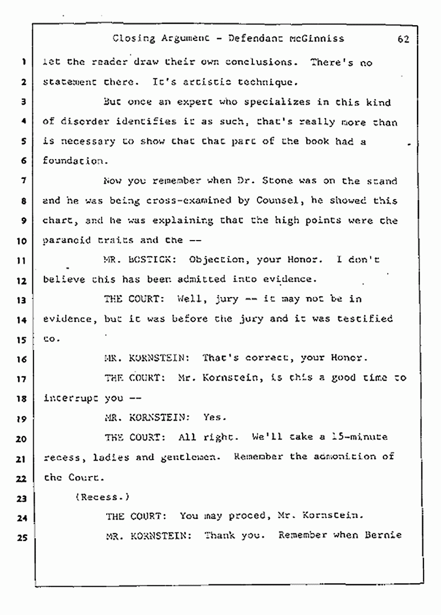 Los Angeles, California Civil Trial<br>Jeffrey MacDonald vs. Joe McGinniss<br><br>August 13, 1987:<br>Closing Arguments for Defendant Joe McGinniss, p. 62