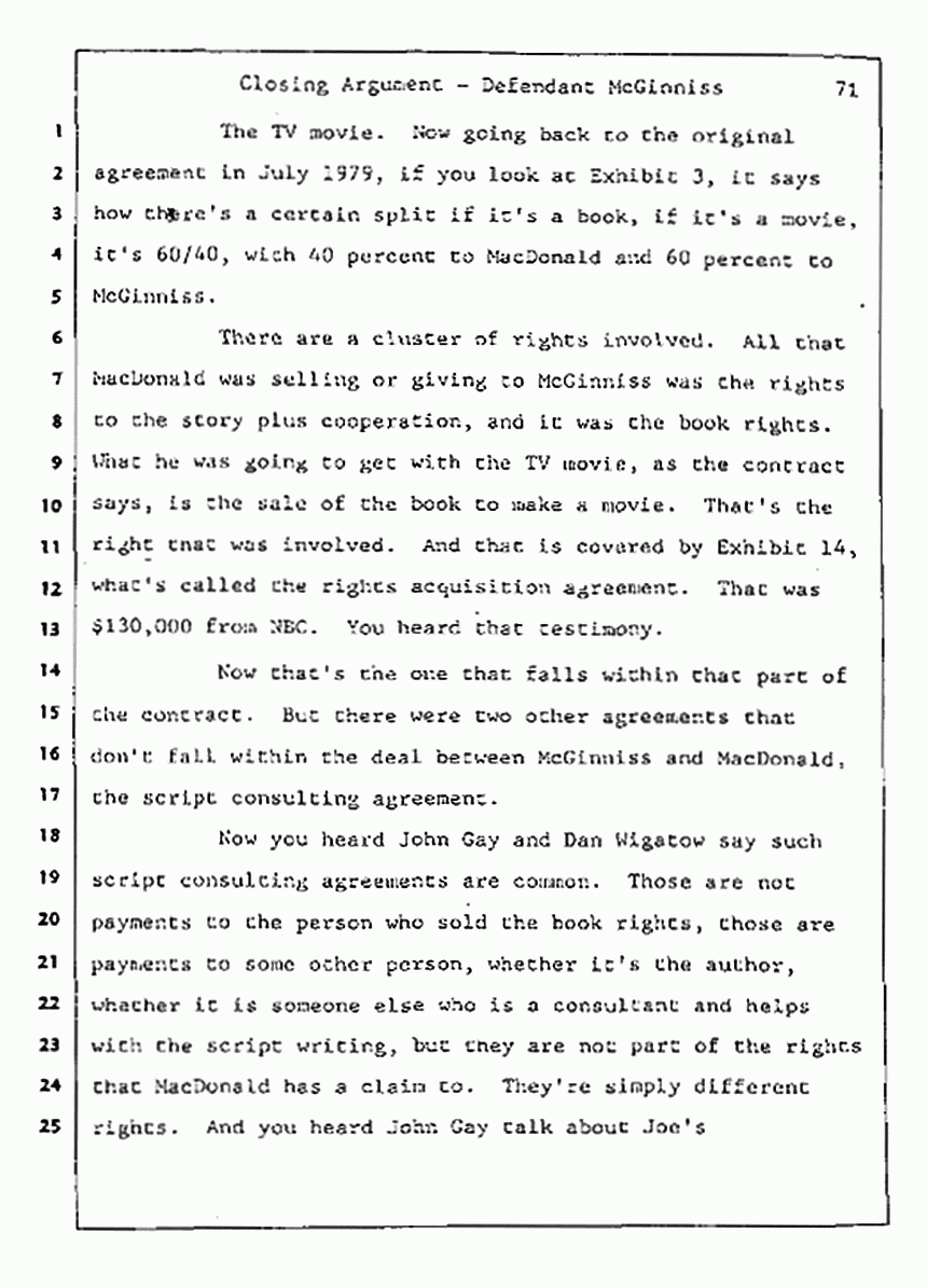 Los Angeles, California Civil Trial<br>Jeffrey MacDonald vs. Joe McGinniss<br><br>August 13, 1987:<br>Closing Arguments for Defendant Joe McGinniss, p. 71