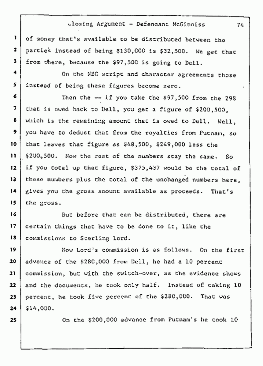 Los Angeles, California Civil Trial<br>Jeffrey MacDonald vs. Joe McGinniss<br><br>August 13, 1987:<br>Closing Arguments for Defendant Joe McGinniss, p. 74