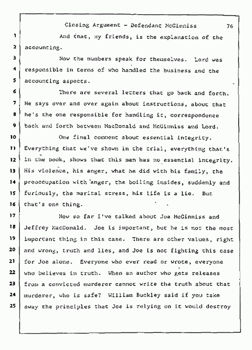 Los Angeles, California Civil Trial<br>Jeffrey MacDonald vs. Joe McGinniss<br><br>August 13, 1987:<br>Closing Arguments for Defendant Joe McGinniss, p. 76