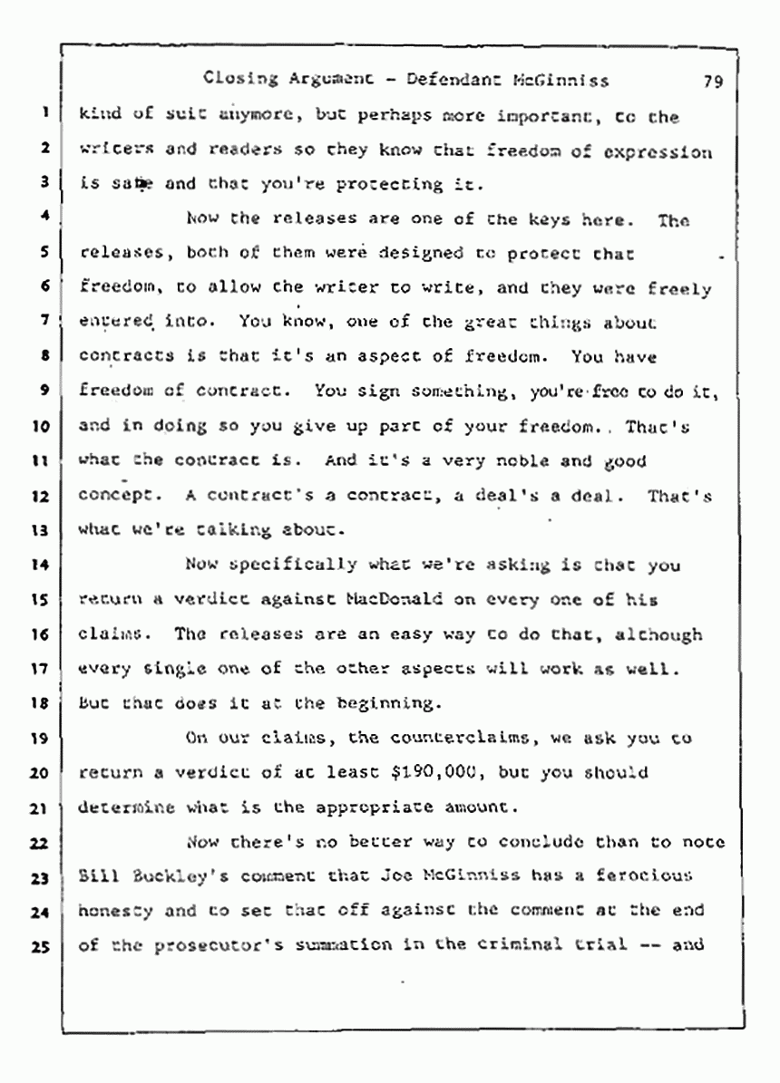 Los Angeles, California Civil Trial<br>Jeffrey MacDonald vs. Joe McGinniss<br><br>August 13, 1987:<br>Closing Arguments for Defendant Joe McGinniss, p. 79