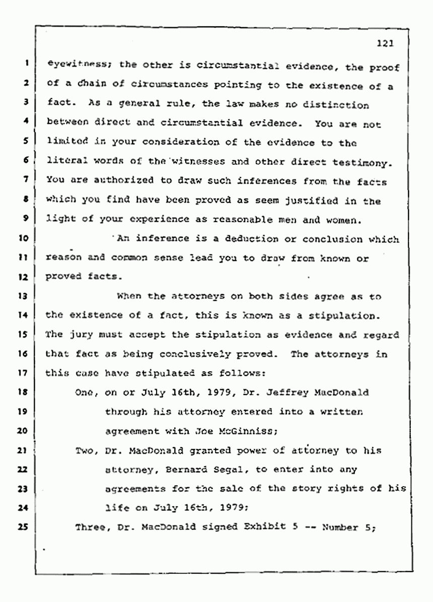 Los Angeles, California Civil Trial<br>Jeffrey MacDonald vs. Joe McGinniss<br><br>August 13, 1987:<br>Jury Instructions, p. 121