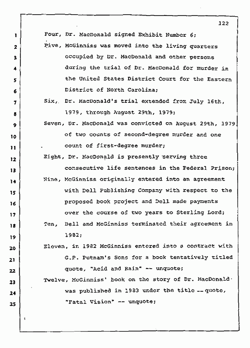 Los Angeles, California Civil Trial<br>Jeffrey MacDonald vs. Joe McGinniss<br><br>August 13, 1987:<br>Jury Instructions, p. 122