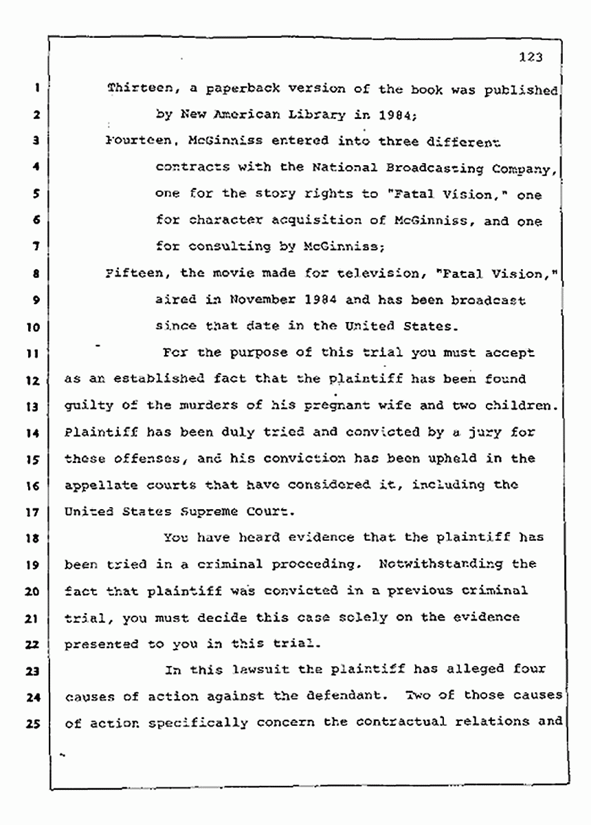 Los Angeles, California Civil Trial<br>Jeffrey MacDonald vs. Joe McGinniss<br><br>August 13, 1987:<br>Jury Instructions, p. 123