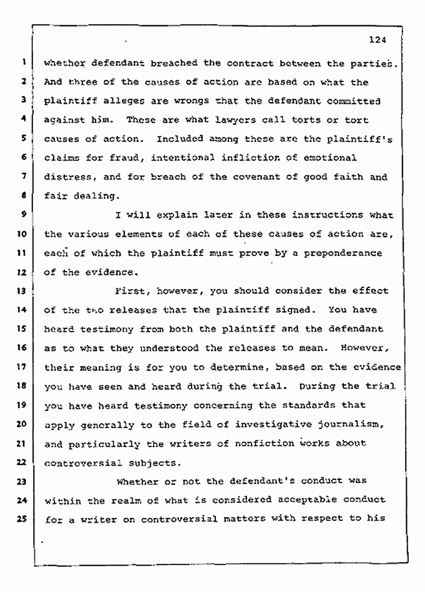 Los Angeles, California Civil Trial<br>Jeffrey MacDonald vs. Joe McGinniss<br><br>August 13, 1987:<br>Jury Instructions, p. 124