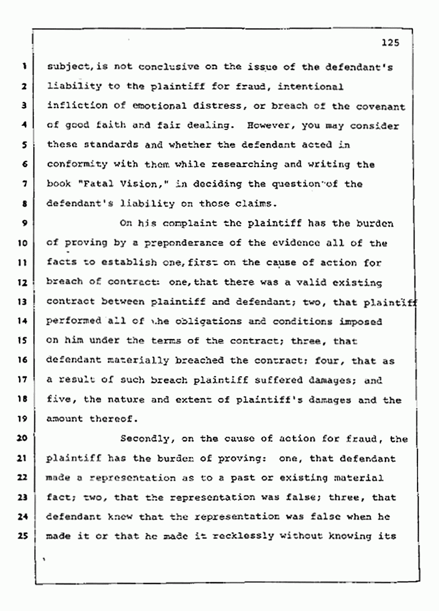 Los Angeles, California Civil Trial<br>Jeffrey MacDonald vs. Joe McGinniss<br><br>August 13, 1987:<br>Jury Instructions, p. 125