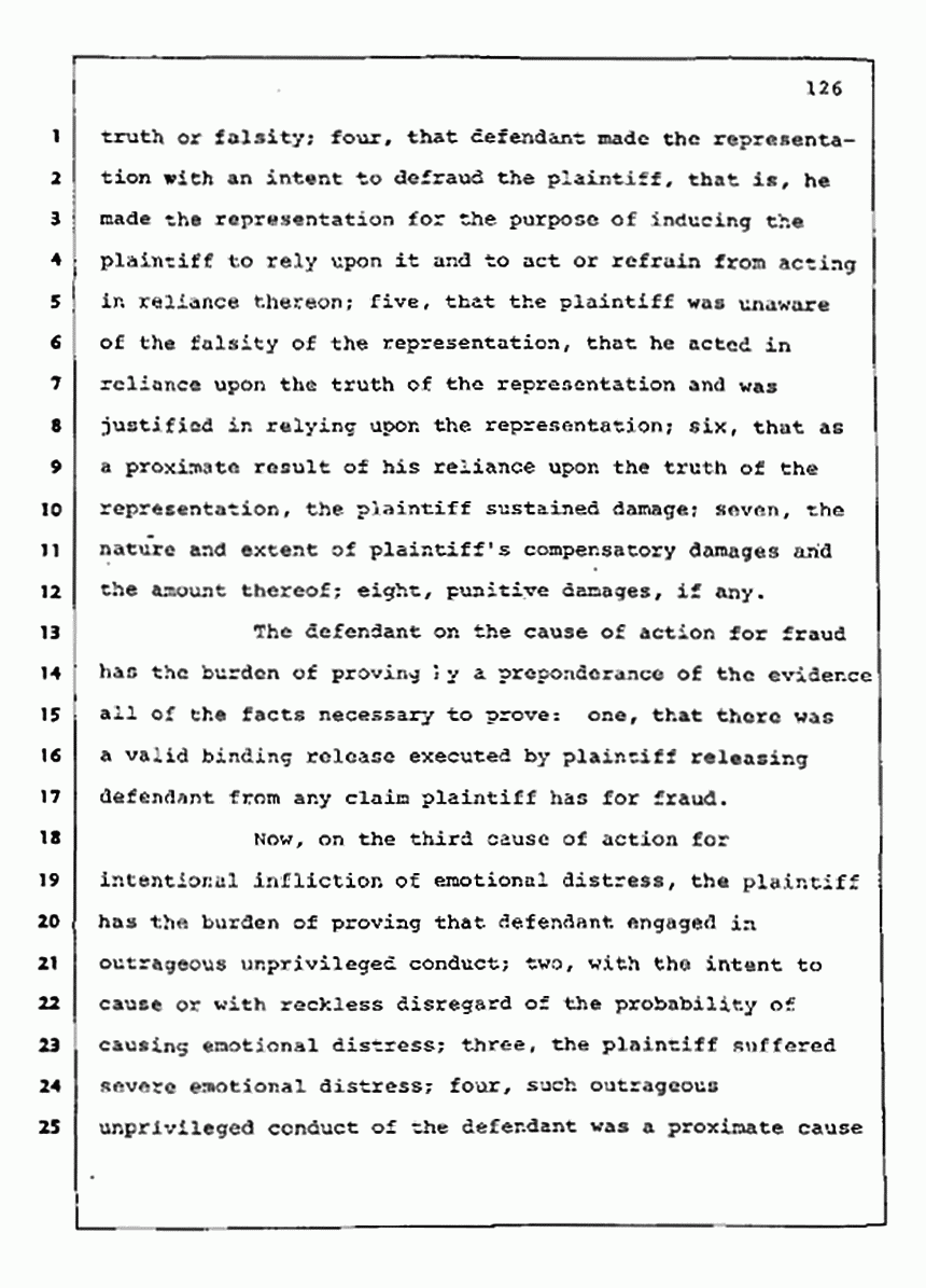 Los Angeles, California Civil Trial<br>Jeffrey MacDonald vs. Joe McGinniss<br><br>August 13, 1987:<br>Jury Instructions, p. 126