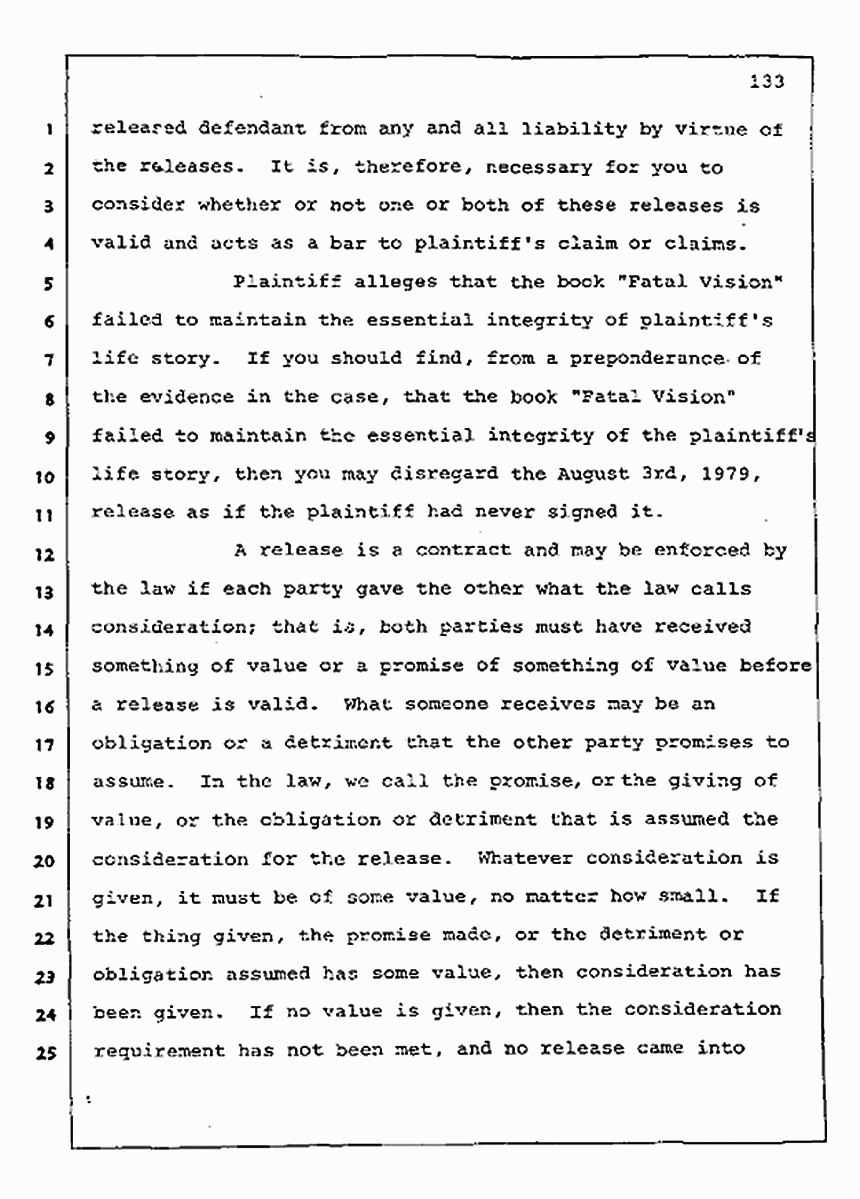 Los Angeles, California Civil Trial<br>Jeffrey MacDonald vs. Joe McGinniss<br><br>August 13, 1987:<br>Jury Instructions, p. 133