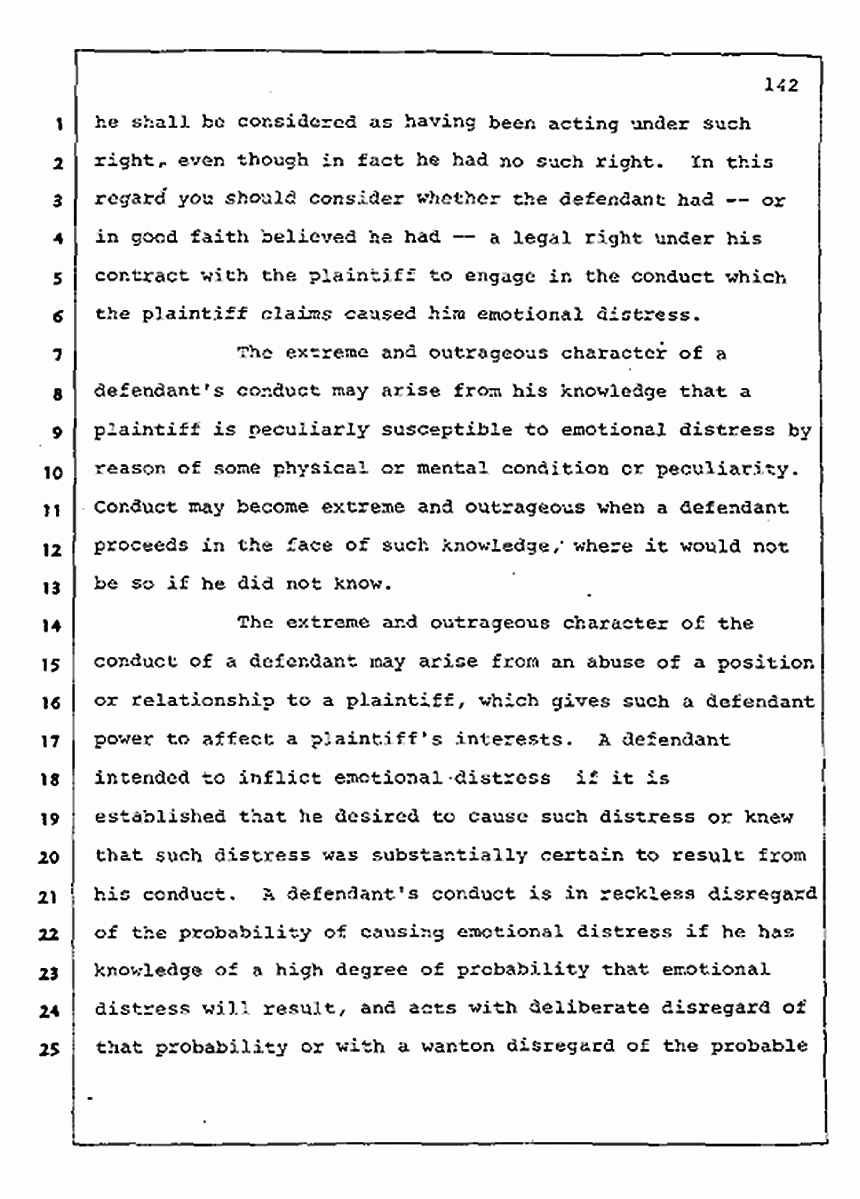Los Angeles, California Civil Trial<br>Jeffrey MacDonald vs. Joe McGinniss<br><br>August 13, 1987:<br>Jury Instructions, p. 142