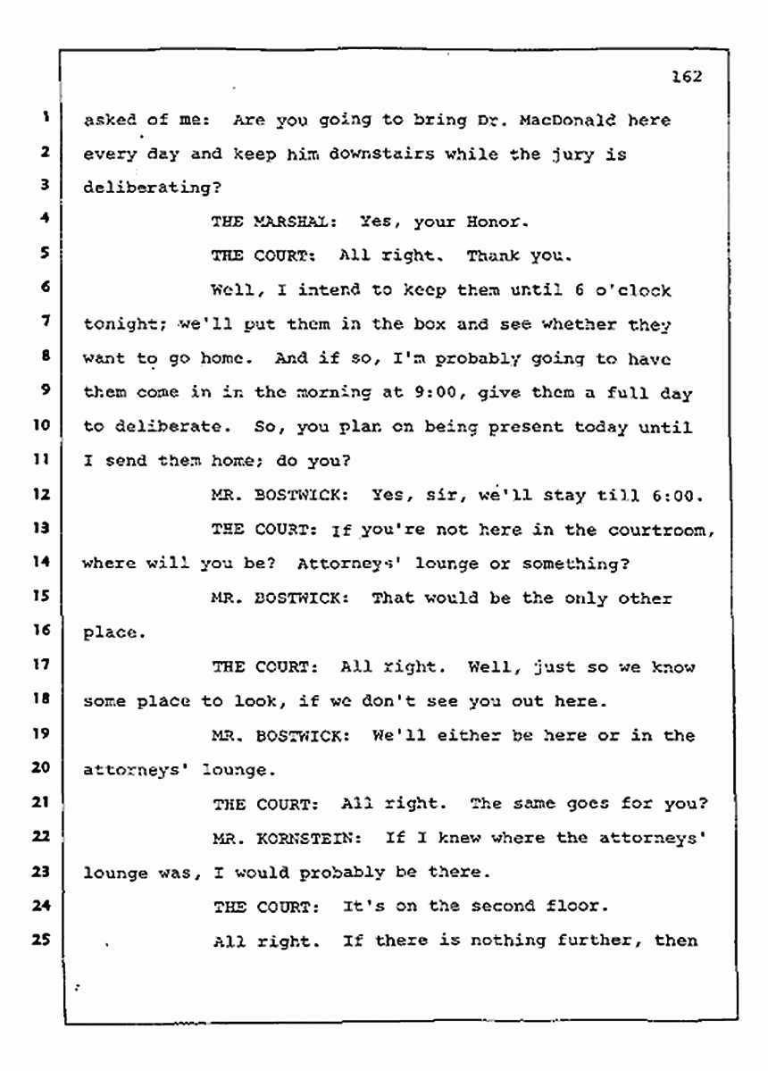 Los Angeles, California Civil Trial<br>Jeffrey MacDonald vs. Joe McGinniss<br><br>August 13, 1987:<br>Jury Instructions, p. 162